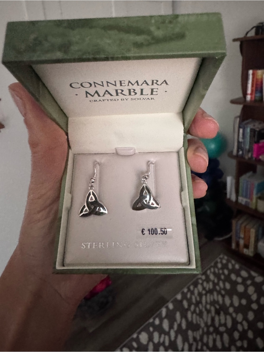 Sterling Silver Trinity Knot Drop Earrings - Silver with Connemara Marble